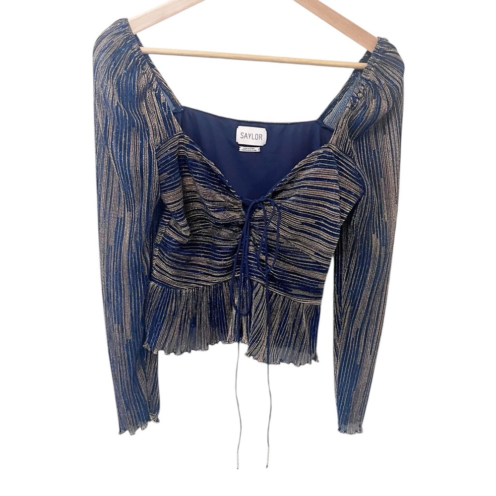 Saylor Kamara Indigo and Gold Metallic Halter Long‎ Sleeve Blouse Size Small